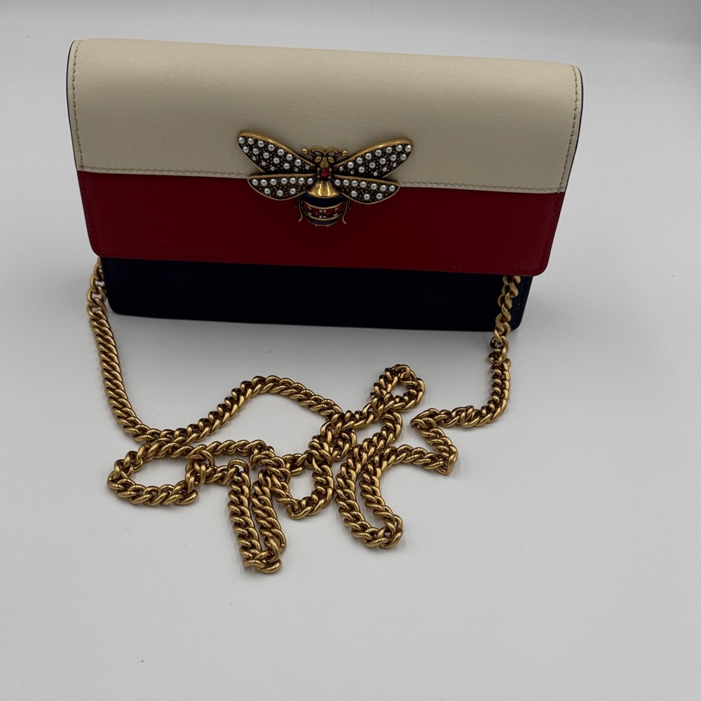 Gucci Queen Margaret Tricolor Crossbody or Clutch with Bee Embellishment